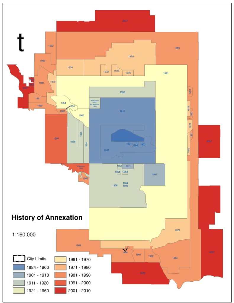 A map of a land annexations in Calgary over the years,.